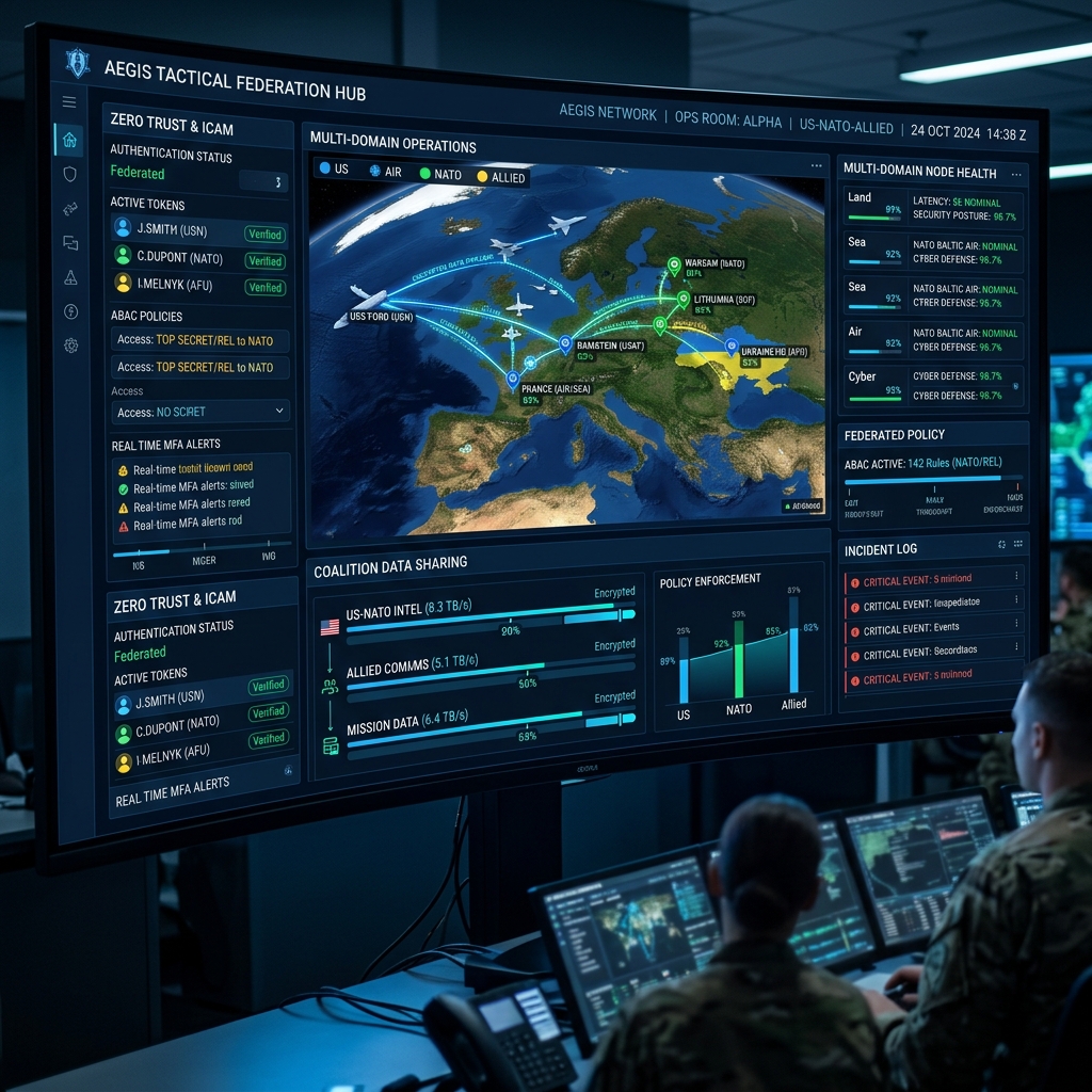 Tactical network control dashboard showing Zero Trust ICAM federation between coalition nodes, active ABAC policy enforcement badges, and encrypted data channels
