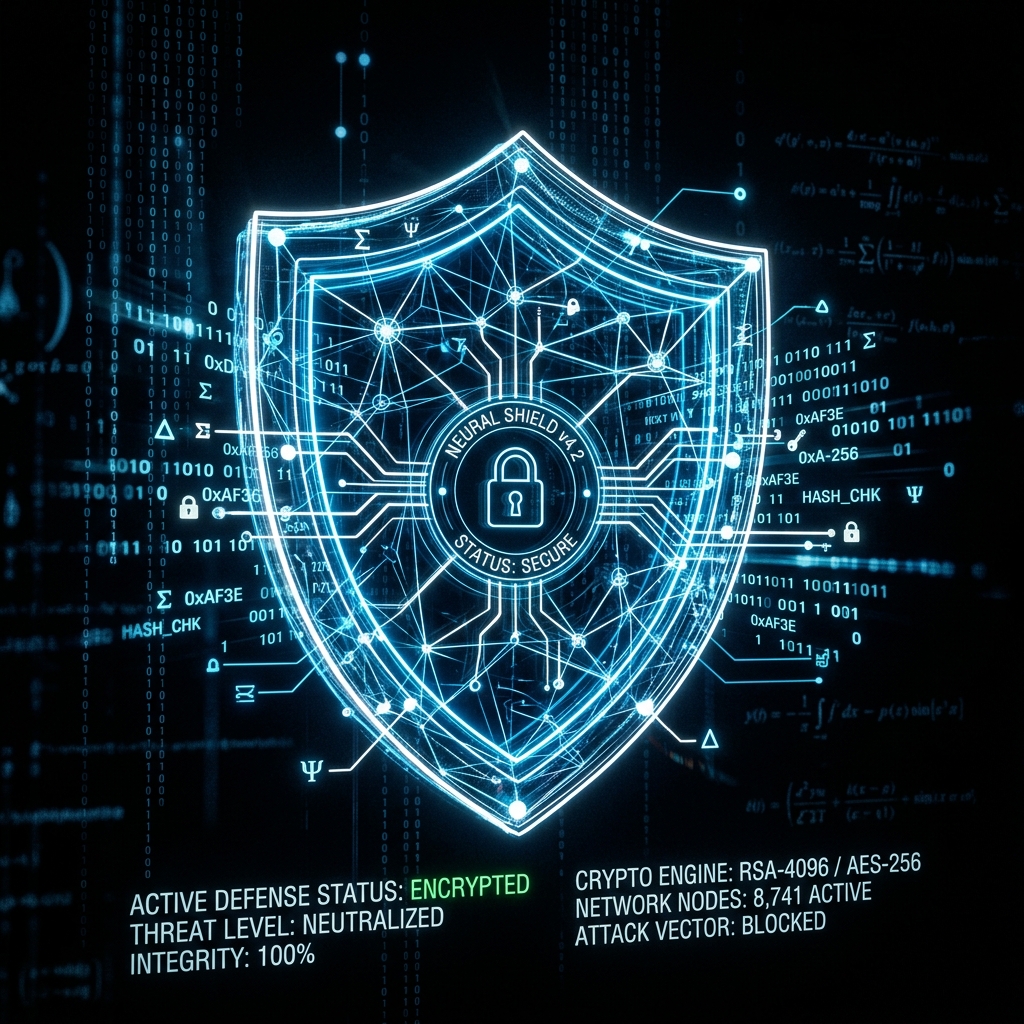 Neural security shield HUD with cryptographic patterns